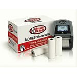 Front view of a Discount Till Rolls branded box containing Zebra ZQ520 mobile printer rolls, with a Zebra mobile printer positioned behind several white thermal paper rolls