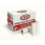 Front-facing Discount Till Rolls branded box of Zebra ZQ520 mobile printer rolls, with a stacked thermal paper rolls.