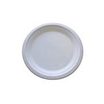 Close-up of biodegradable bagasse round plates – sturdy 7 inch microwave-safe disposable plates for catering.