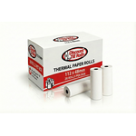 a image of discount till rolls branded box of 112x4mm mobile printer thermal rolls with three thermal rolls sitting in front of the box