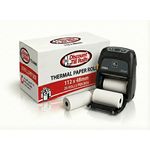 Front view of a Discount Till Rolls branded box of Zebra ZQ530 mobile printer rolls (112 x 48mm), with a Zebra printer and a stack of thermal paper rolls.