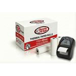 Front view of a Discount Till Rolls branded box of Zebra ZQ530 mobile printer rolls, with a Zebra printer and a stack of thermal paper rolls.