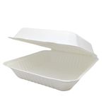 Eco-friendly 9.25 x 9 inch bagasse meal boxes, compostable and perfect for sustainable takeaway packaging.