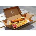 Eco-friendly fold out burger meal box securely holding food, ensuring freshness and reducing environmental impact.