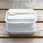 7x5 inch bagasse meal box holding hot, wet, or oily food without leaking, perfect for eco-conscious businesses