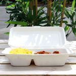 9x6 inch 2-compartment bagasse meal box holding hot, wet, or oily foods without leaking, perfect for eco-conscious takeaways