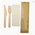 Eco-friendly 3 in 1 wooden cutlery set with fork, knife, and napkin in compostable packaging, ideal for restaurants, cafes, and catering.