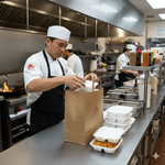 Chef loading food container in to a takeaway Kraft bag with handles
