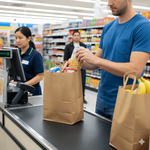 Staff loading groceries in to a takeaway Kraft bag with handles