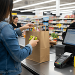 cUSTOMER loading shopping items in to a takeaway Kraft bag with handles