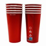 Stack of 568ml red paper pint cups, eco-friendly and alcohol-safe for high-volume hospitality service.