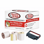 Front view of a Discount Till Rolls branded box of 76 x 70mm 2-ply bond paper rolls, with rolls and ink ribbons placed in front.