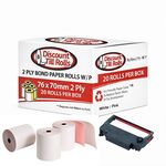 Front view of a Discount Till Rolls branded box of 76 x 70mm 2-ply White - Pinkbond paper rolls, with rolls and ink ribbons placed in front.