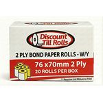 Front view of a Discount Till Rolls branded box of 76 x 70mm 2-ply bond paper rolls in white and yellow, 20-roll box, Ireland.