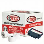 A front side view of a Discount Till Rolls branded box of 44x70mm Bond paper rolls with Rolls and ribbon in view
