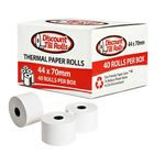 front and side view of a Discount Till Rolls branded box of 44x70mm thermal paper rolls with 3 loose rolls displayed in front of the box
