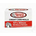 A FRONT view of a BRANDED box of 57x30mm credit card rolls from Discount Till Rolls