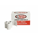 A BRANDED box of 57x30mm credit card rolls from Discount Till Rolls with 3 credit card rolls in front