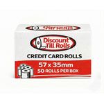 A FRONT view of a BRANDED box of 57x35mm credit card rolls from Discount Till Rolls
