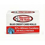 Front view image of branded box of 57x40mm blue coreless credit card rolls from Discount Till Rolls