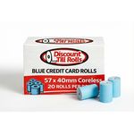 Front view image of branded box of 57x40mm blue coreless credit card rolls and 3 blue credit card rolls in front of the box from Discount Till Rolls