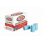 Side view image of branded box of 57x40mm blue coreless credit card rolls and 3 blue credit card rolls in front of the box from Discount Till Rolls