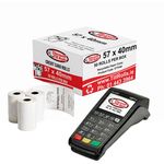 A side view of a  Discount Till Rolls branded credit card rolls Box with branded credit card rolls in front and an credit card terminal