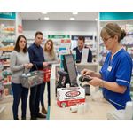 Pharmacy staff using branded credit card rolls from discount till rollsrolls from