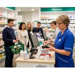 Pharmacy staff using discount till rolls credt card rolls in Pharmacy setting 1