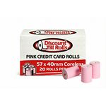 FRONT view Image of a branded  box of pink credit card rolls  in front of the box supplied by Discount Till Rolls