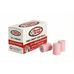 Side view Image of a branded  box of pink credit card rolls  in front of the box supplied by Discount Till Rolls