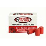 Front view of Branded box of Discount Till Rolls red credit card rolls with 3 red rolls in front
