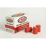 Side view of Branded box of Discount Till Rolls red credit card rolls with 3 red rolls in front