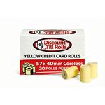 Front view of Branded box of Discount Till Rolls yellow credit card rolls with 3 yellow rolls in front