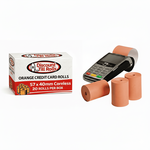 A BRANDED box of 57x4omm orange coreless credit card rolls and terminal from Discount Till Rolls with 3 credit card rolls in front