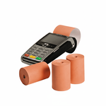 Image of a credit card terminal wioth orange credit card rolls in front of it
