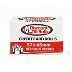 A front view of branded box of 57x45mm credit card rolls from discount till rolls
