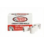 A branded box of 57x45mm credit card rolls and 3 rolls in front of the box from discount till rolls