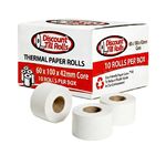 Discount Till Rolls branded box of 60 x1 00 x 25mm core thermal paper rolls, 20 rolls per box, with loose thermal rolls displayed in front.
