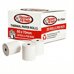Discount Till Rolls branded box of 60x70mm thermal paper rolls, 20 rolls per box, with loose thermal rolls displayed in front.