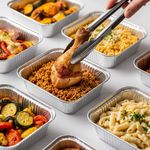 Hot takeaway meal served in a 6x6 inch foil container – perfect for maintaining temperature during delivery