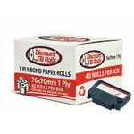 Front view of a Discount Till Rolls branded box of 76 x 70mm 1-ply bond paper rolls, with ink ribbons placed in front.