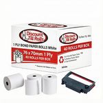 Front view of a Discount Till Rolls branded box of 76 x 70mm 1-ply bond paper rolls, with several rolls and ink ribbons displayed in front.