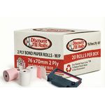 Front view of a Discount Till Rolls branded box of 76 x 70mm 2-ply White - Pinkbond paper rolls, with rolls and ink ribbons placed in front.
