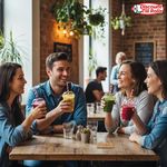 Colleagues chatting with takeaway cold drink cups in hand