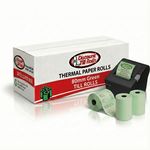 Green 80x80mm thermal roll from Discount Till Rolls in front of printer for retail and hospitality