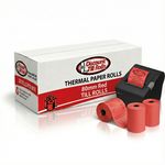 Bright red 80x80mm thermal roll from Discount Till Rolls in front of printer for retail and hospitality