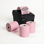 Discount Till Rolls 80x80mm pink thermal roll in front of EPOS printer, ideal for Irish retail and hospitality businesses