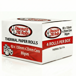 Discount Till Rolls branded box containing 4 rolls of 80mm x 150mm x 25mm core thermal paper, 80GSM quality with 10-year long life.
