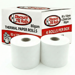 Discount Till Rolls branded box containing 4 rolls of 80mm x 150mm x 25mm core thermal paper, 80GSM quality with 10-year long life. 2 rolls in front of the box